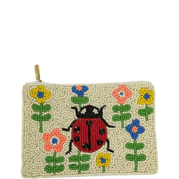 LADYBUG FLORAL GRAPHIC SEED BEAD COIN PURSE BAG