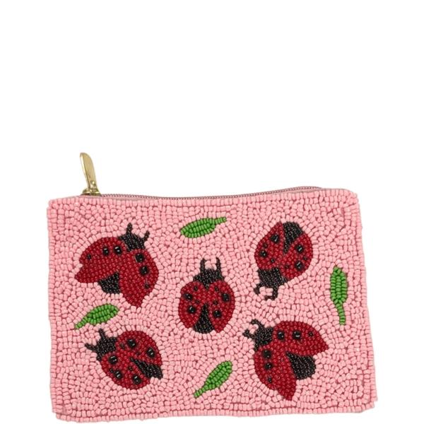 LADYBUG REPEAT GRAPHIC SEED BEAD COIN PURSE BAG