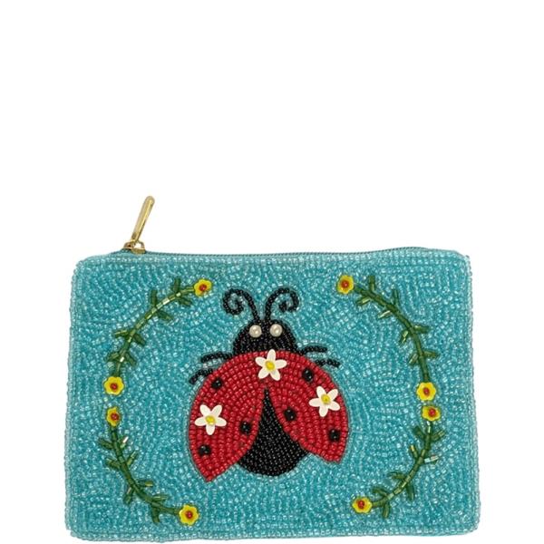 LADYBUG FLORAL WREATH GRAPHIC SEED BEAD COIN PURSE BAG