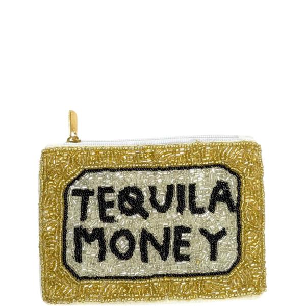 TEQUILA MONEY TEXT GRAPHIC SEED BEAD COIN PURSE BAG