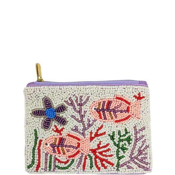 UNDERWATER FISH CORAL GRAPHIC SEED BEAD COIN PURSE BAG