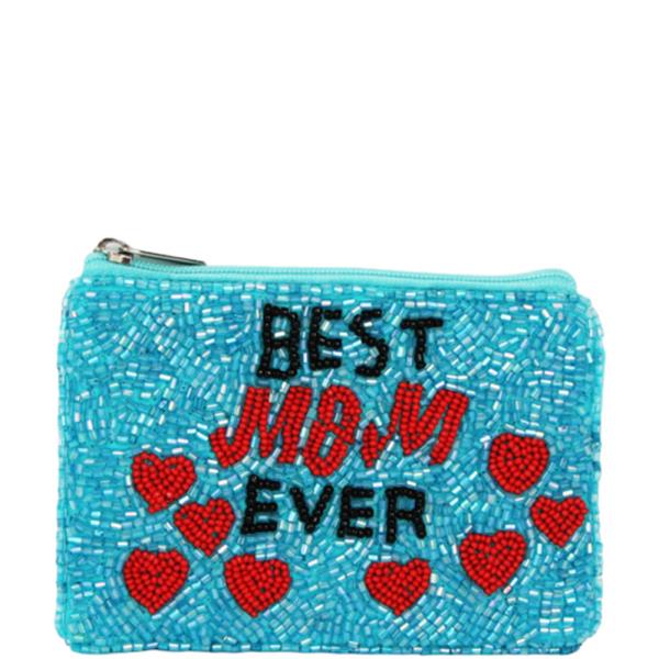 BEST MOM EVER TEXT HEART GRAPHIC SEED BEAD COIN PURSE BAG