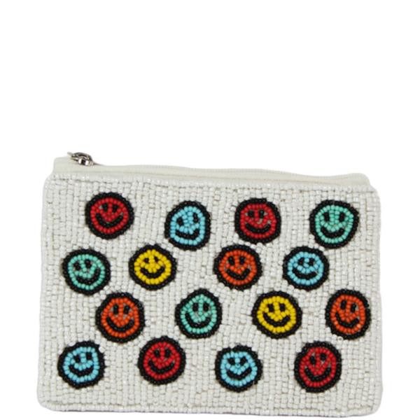 HAPPY FACE REPEAT GRAPHIC SEED BEAD COIN PURSE BAG