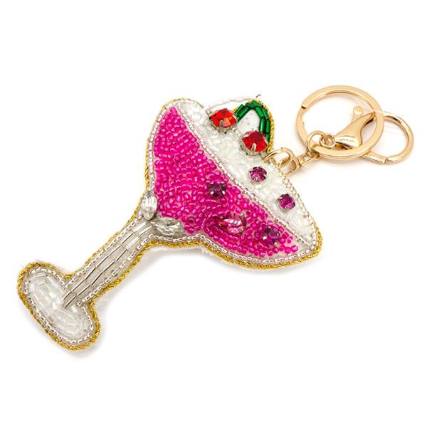 SEED BEAD COCKTAIL GLASS BAG CHARM KEYCHAIN