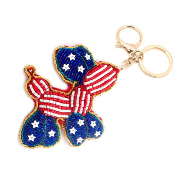 SEED BEAD AMERICAN FLAG DOG BAG CHARM KEYCHAIN