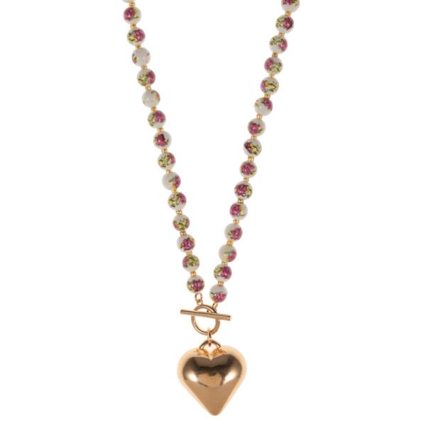 PUFFY HEART WITH CERAMIC BEAD FRONT TOGGLE SHORT NECKLACE
