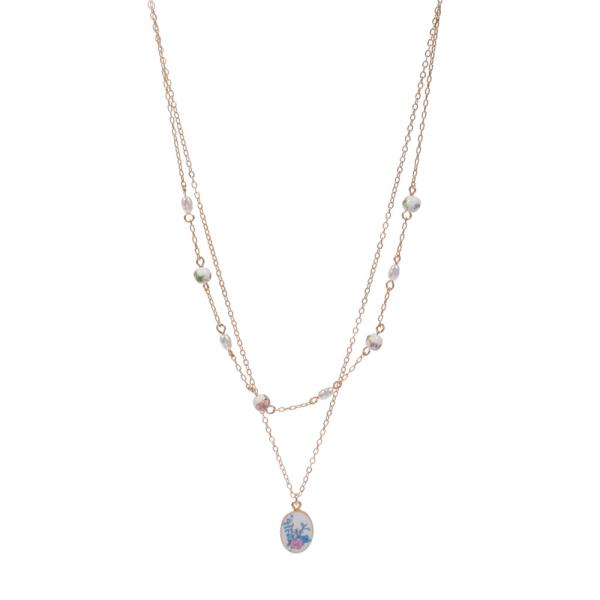 OVAL SHAPED PATTERN PRINTED ENAMELED CHARM NECKLACE