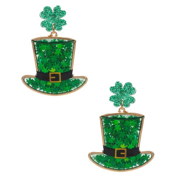 LUCKY CLOVER GLITTER WITH SAINT PATRICKS DAY HAT POST EARRING