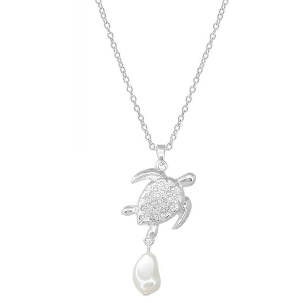 SEA LIFE RHINESTONE WITH PEARL TURTLE PENDANT NECKLACE