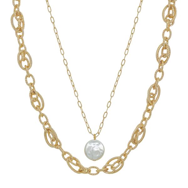LAYERED CHUNKY TEXTURED METAL CHAIN 15MM COIN PEARL SHORT NECKLACE