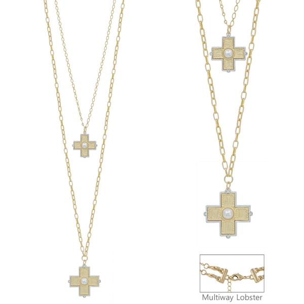 LAYERED TEXTURED METAL CROSS PEARL ACCENT LONG NECKLACE