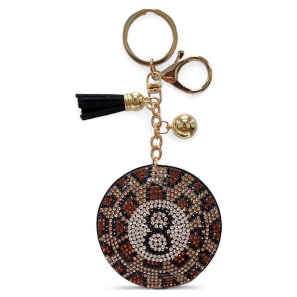 RHINESTONE LEOPARD NUMBER EIGHT KEYCHAIN WITH TASSEL