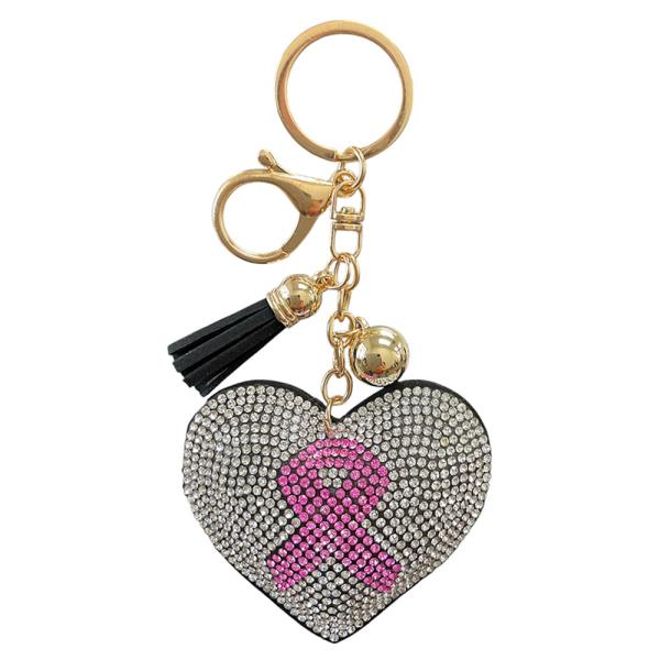 RHINESTONE BREAST CANCER RIBBON HEART KEYCHAIN WITH TASSEL