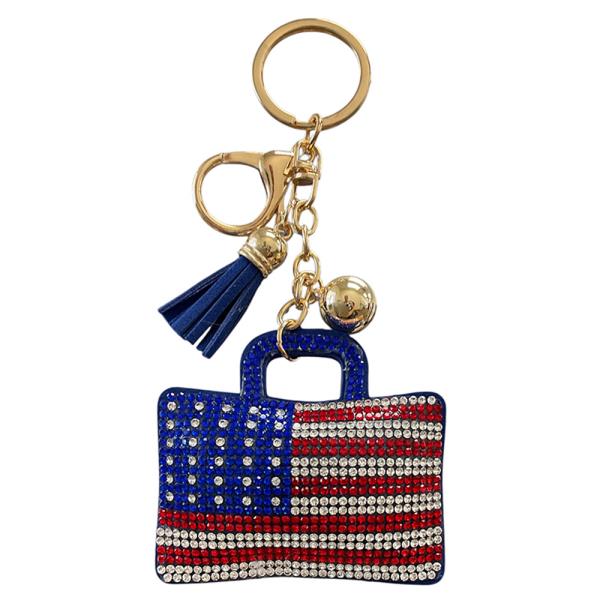 RHINESTONE AMERICAN FLAG TOTE BAG KEYCHAIN WITH TASSEL