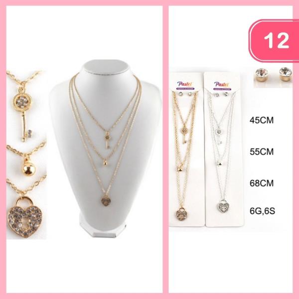 LAYERED RHINESTONE LOCK KEY PENDANT NECKLACE (12 UNITS)