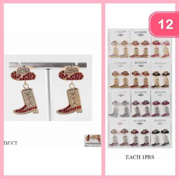 RHINESTONE WESTERN HAT BOOTS DANGLE EARRING (12 UNITS)