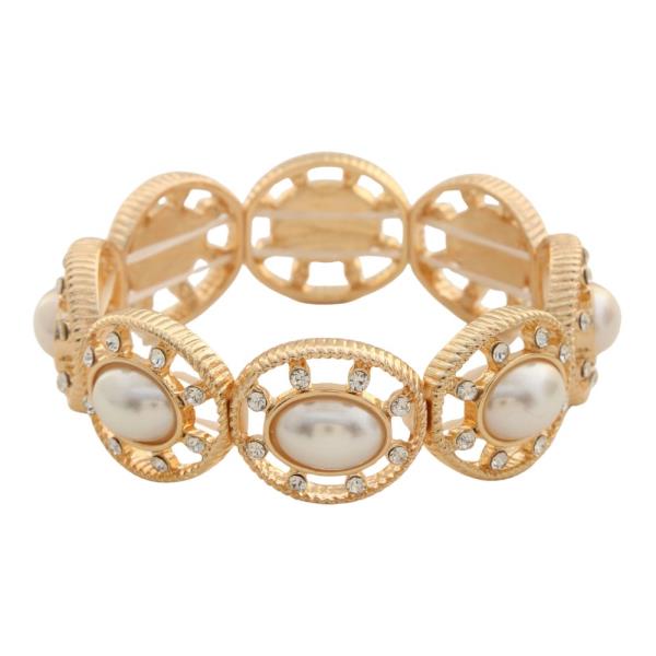 OVAL PEARL RHINESTONE METAL BRACELET