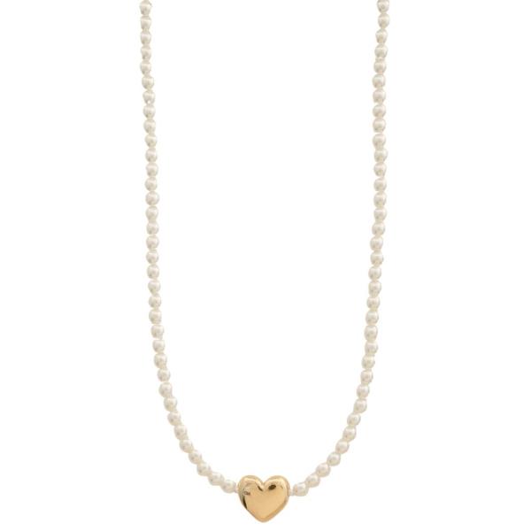 PUFFY HEART CHARM PEARL BEAD NECKLACE