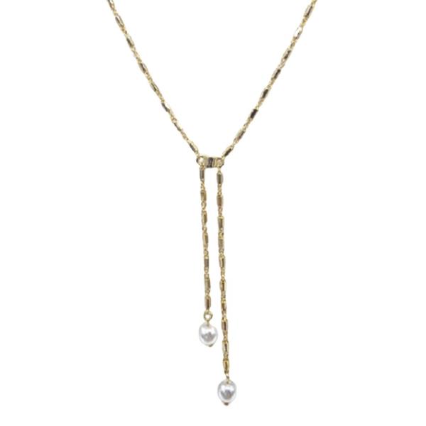 18K BRASS DOUBLE PEARL DROP NECKLACE