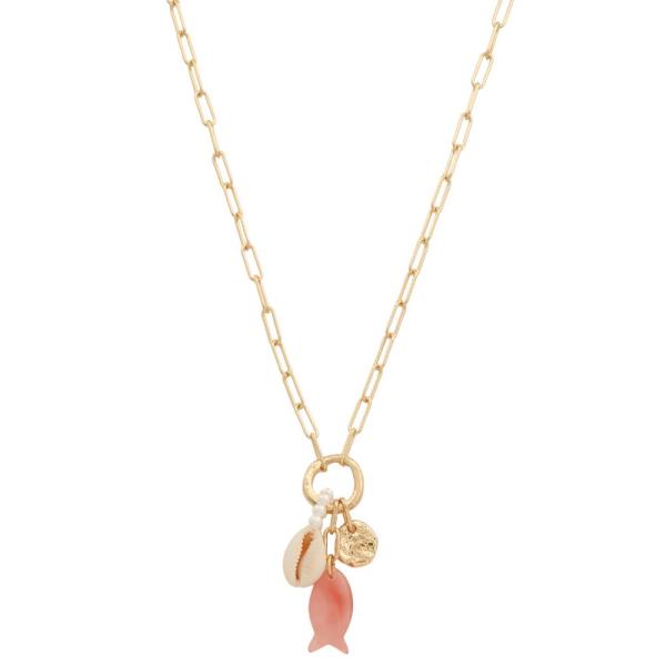 FISH SEASHELL COIN CHARM METAL NECKLACE