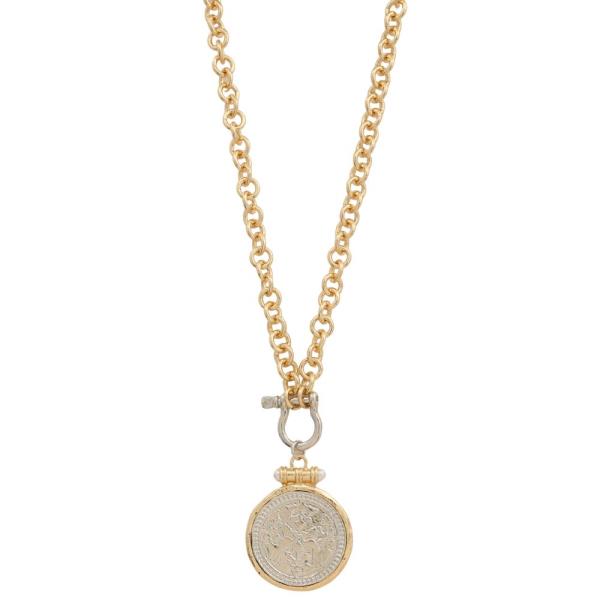 TWO TONE MEDALLION PENDANT METAL NECKLACE