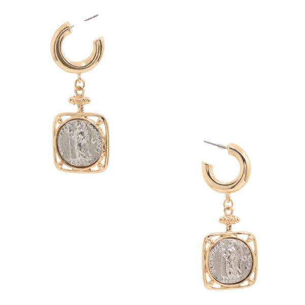 TWO TONE COIN SQUARE OPEN HOOP EARRING