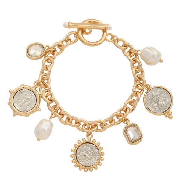 TWO TONE COIN PEARL BEAD CRYSTAL TOGGLE CLASP BRACELET