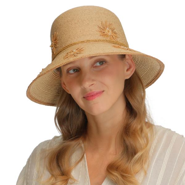CC RAFFIA SUN HAT WITH FLORAL PATTERN PAPER EMBROIDERY AND MULTI BEAD