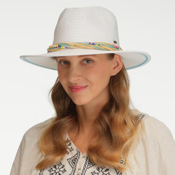 CC PANAMA HAT WITH COLORED STRAW BAND AND MULTI COLORED BEAD