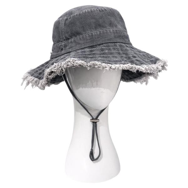 FRAYED EDGE VINTAGE WASH DENIM ADJUSTABLE STRAP BUCKET HAT W DRAWSTRING