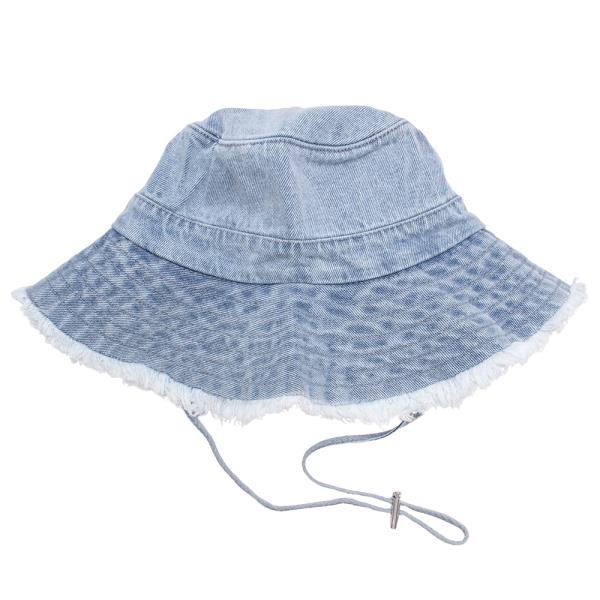 FRAYED EDGE VINTAGE WASH DENIM ADJUSTABLE STRAP BUCKET HAT W DRAWSTRING