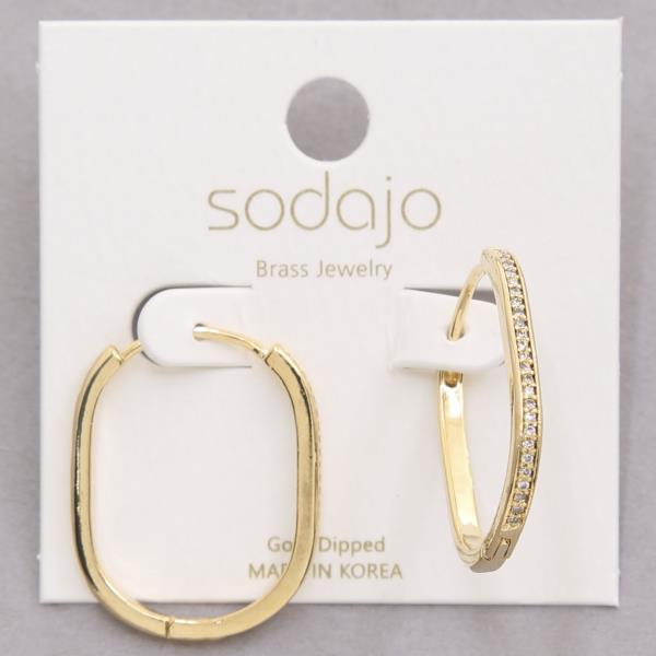 SODAJO RHINESTONE EDGE OVAL HOOP GOLD DIPPED EARRING
