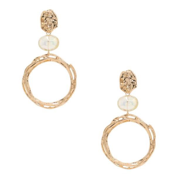 OVAL STONE ROUND METAL LINK DANGLE EARRING