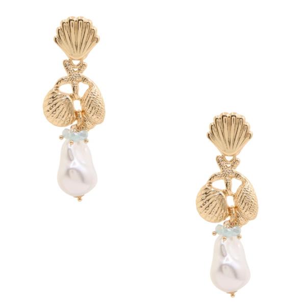 SEASHELL PEARL BEAD METAL LINK DANGLE EARRING