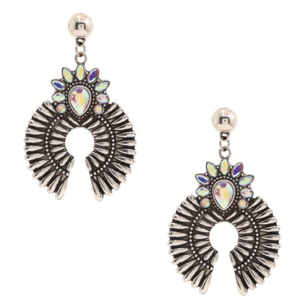 WESTERN RHINESTONE METAL DANGLE EARRING
