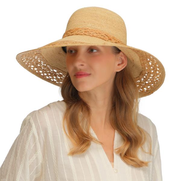 CC RAFFIA SUN HAT WITH TEXTURED WIDE BRIM AND RIBBON DETAILED PATTERN BAND