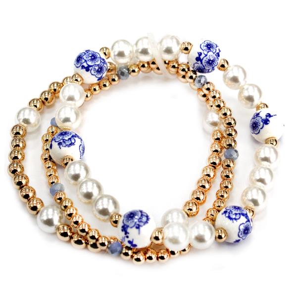 PEARL BEAD METAL BALL FLORAL ACCENT STRETCH BRACELET SET