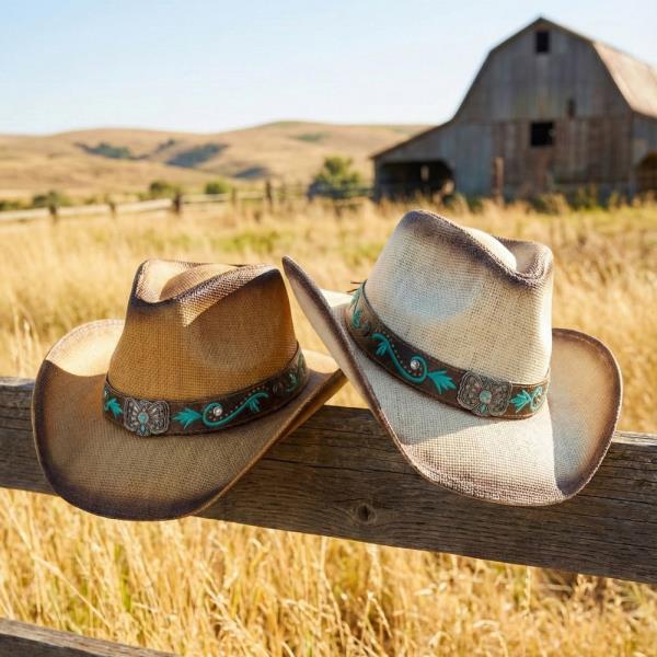 DISTRESSED STRAW HAT WITH TURQUOISE BLOOM & BUTTERFLY CONCHO BAND