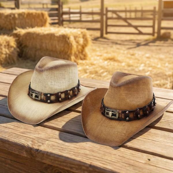 RUGGED STUDDED BAND COWBOY HAT WITH LONGHORN BUCKLE. ONE SIZE