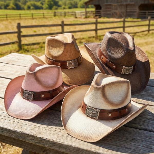 VINTAGE STRAW COWBOY HAT WITH ANTIQUED LONGHORN STEER CONCHO. ONE SIZE