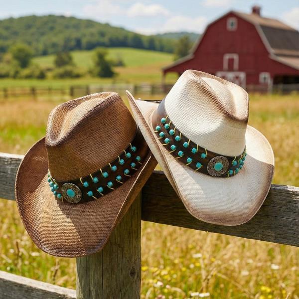 VINTAGE TURQUOISE BEADED STRAW COWBOY HAT WITH ANTIQUED CONCHO