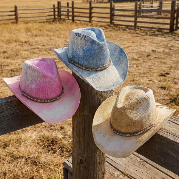 RUSTIC WESTERN STRAW HAT WITH HEISHI BEAD AND RHINESTONES CHAIN BAND