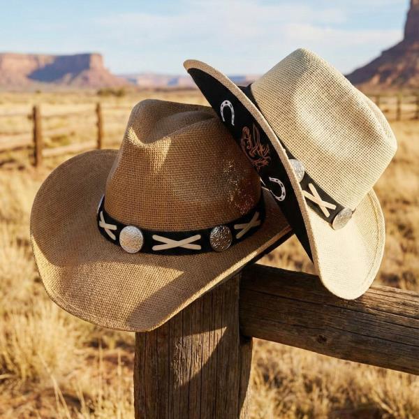 UNDER-BRIM HORSE & HORSESHOE PRINT WESTERN HAT WITH X-LACE AND CONCHOS