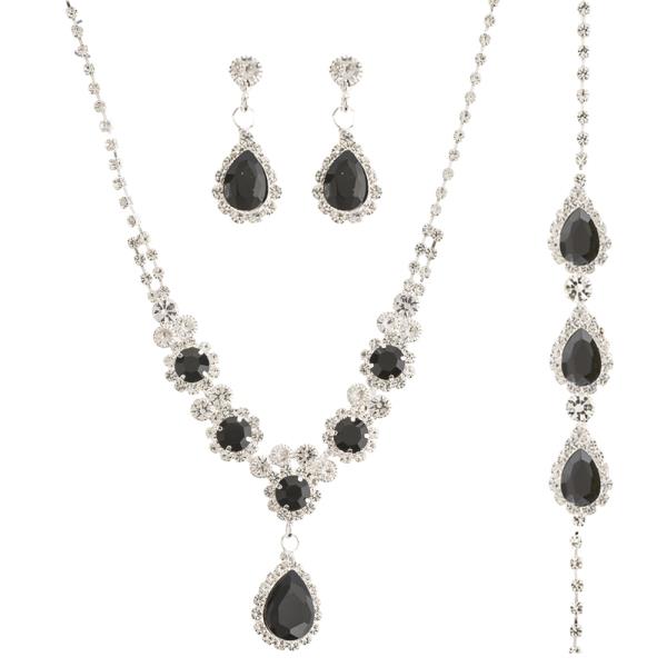 RHINESTONE TEARDROP ROUND 3PC NECKLACE EARRING BRACELET SET