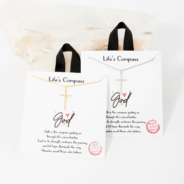 18K GOLD RHODIUM LIFE`S COMPASS CROSS PENDANT NECKLACE