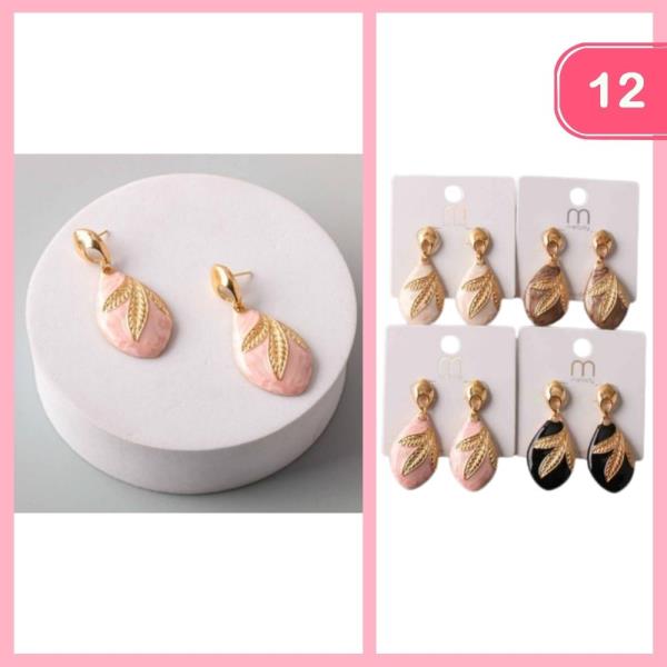 LEAF EMBEDDED METAL TEARDROP EARRING (12 UNITS)