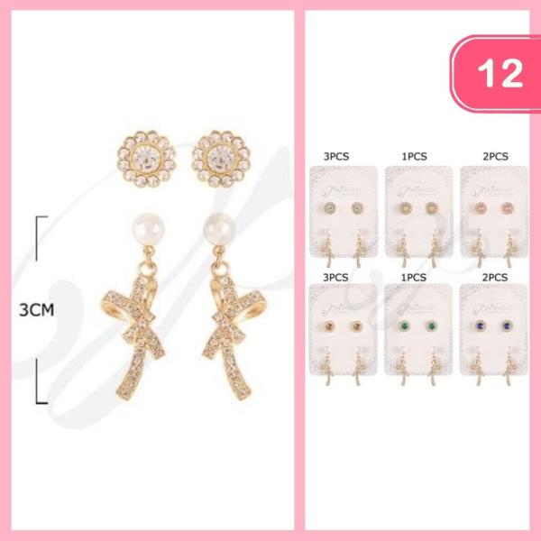RHINESTONE BOW PEARL POST DANGLE EARRING SET (12 UNITS)