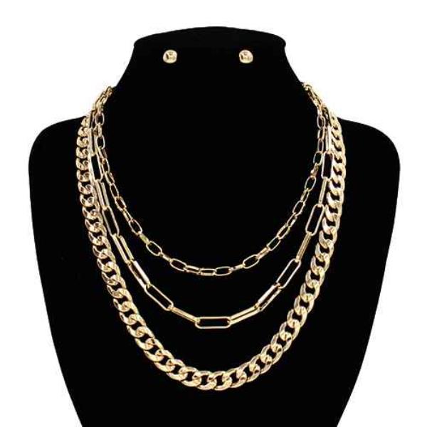MULTI LAYERED METAL CHAIN NECKLACE EARRING SET
