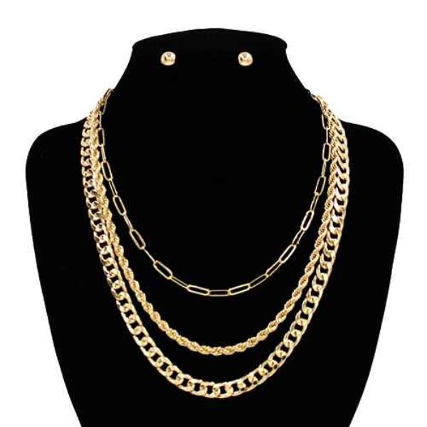 MULTI LAYERED METAL CHAIN NECKLACE EARRING SET