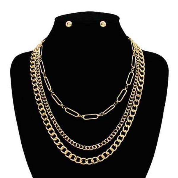 MULTI LAYERED METAL CHAIN NECKLACE EARRING SET